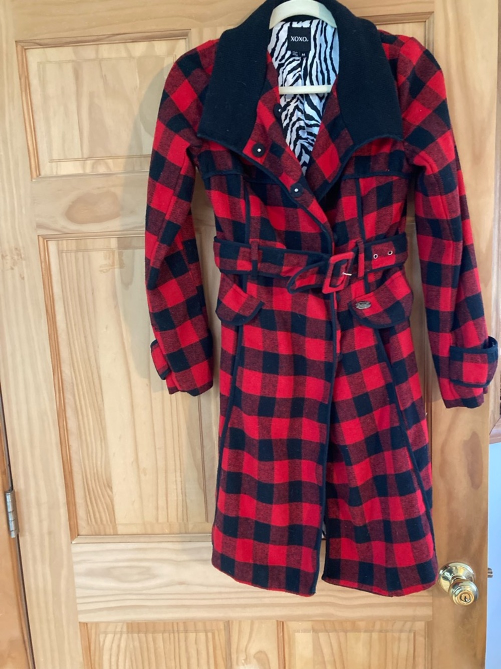 XOXO Red & Black Buffalo Plaid Coat with Zebra Lining
